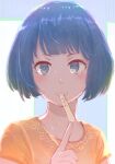  1girl bangs blue_eyes blue_hair blush bob_cut index_finger_raised looking_at_viewer mouth_hold orange_shirt original popsicle_stick shirt short_hair short_sleeves simple_background solo sweat tomamatto upper_body 