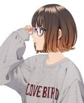  1girl brown_eyes brown_hair glasses gradient_hair looking_to_the_side mattaku_mousuke multicolored_hair original solo two-tone_hair upper_body watermark white_background 
