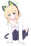  1girl absurdres animal_ear_headphones animal_ears bangs blonde_hair blue_archive blunt_bangs bow cat_ear_headphones cat_ears cat_tail collared_shirt commentary_request fake_animal_ears green_eyes hagoonha hair_bow halo headphones highres long_sleeves looking_at_viewer midori_(blue_archive) school_uniform shirt short_hair sidelocks simple_background solo tail thigh-highs white_shirt 