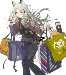  1girl :p alchemaniac animal_ears arknights bag black_pants brown_shirt feet_out_of_frame grani_(arknights) grey_hair hand_up highres holding holding_bag horse_ears horse_girl horse_tail long_hair long_sleeves pants shirt shopping_bag simple_background solo tail tongue tongue_out v violet_eyes white_background 