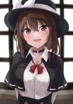  1girl absurdres arms_behind_back black_capelet black_choker black_headwear blush bow bowtie brown_eyes brown_hair buttons capelet choker collared_shirt hair_between_eyes hat hat_bow highres long_sleeves looking_at_viewer open_mouth ramie_(ramie541) red_bow red_bowtie shirt short_hair smile solo touhou upper_body usami_renko white_bow white_shirt 