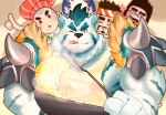  4boys armor bear_boy bernard_(gyee) blue_eyes blurry blurry_background blush choji_(gyee) cooking fang feet_out_of_frame food fried_rice furry furry_male gyee hairy highres male_focus marumarunosuke mature_male multiple_boys muscular muscular_male one_eye_closed rice shoulder_armor sig_(gyee) simple_background steam sweat sweatdrop thick_arms thick_eyebrows tongue tongue_out upper_body vundo_(gyee) yang_(gyee) 
