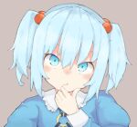  1girl :t bangs blue_hair blush close-up closed_mouth commentary dot_nose eyebrows_hidden_by_hair frilled_shirt_collar frills hair_between_eyes hair_bobbles hair_ornament hand_on_own_chin hand_up head_tilt kae_karee kawashiro_nitori key light_blue_hair long_sleeves looking_at_viewer no_headwear nose_blush puffy_long_sleeves puffy_sleeves purple_background short_hair simple_background skindentation solo thinking touhou twintails upper_body upturned_eyes 