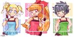  3girls akazutsumi_momoko bangs belt black_hair blonde_hair blossom_(ppg) blue_dress blue_eyes blush bow bubbles_(ppg) buttercup_(ppg) danishi dress drill_hair earrings english_commentary english_text fingerless_gloves flat_chest gloves goutokuji_miyako green_eyes hair_bow hair_ornament heart high_ponytail highres jewelry long_hair looking_ahead looking_at_viewer looking_to_the_side matsubara_kaoru multiple_girls necklace open_mouth orange_hair pearl_earrings pink_dress pleated_skirt pony ponytail powerpuff_girls powerpuff_girls_z red_bow red_eyes short_hair sidelocks simple_background skirt sleeveless sleeveless_dress smile star_(symbol) teeth twin_drills twintails two_side_up upper_body very_long_hair waving white_background wrist_cuffs wristband 
