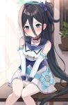  1girl absurdly_long_hair absurdres aris_(blue_archive) bangs black_hair blue_archive blue_eyes blush bow choker commentary_request detached_sleeves hair_between_eyes hair_bow hair_ribbon halo highres idol knees_together_feet_apart ksubi_(toxtricitygf) long_hair long_sleeves looking_at_viewer official_alternate_costume plant potted_plant ribbon side_ponytail sidelocks sitting_on_bench smile solo very_long_hair 