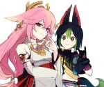  1boy 1girl animal_ear_fluff animal_ears bangs breasts commentary detached_sleeves dodo_t earrings fox_boy fox_ears fox_girl fox_shadow_puppet fox_tail genshin_impact gloves gradient_hair green_hair hair_between_eyes highres japanese_clothes jewelry long_hair looking_at_viewer low-tied_long_hair medal medium_breasts miko multicolored_hair pink_hair simple_background single_earring smile streaked_hair symbol-only_commentary tail tassel tighnari_(genshin_impact) very_long_hair violet_eyes white_background wide_sleeves yae_miko 