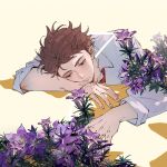  1boy 2022 brown_eyes brown_hair character_name collared_shirt dated english_commentary flower gentiana_(flower) haikyuu!! lips long_sleeves male_focus necktie oikawa_tooru_(haikyuu!!) red_necktie shirt short_hair short_sleeves sleeves_rolled_up solo syurei upper_body 