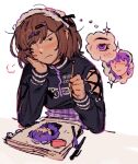  1girl asahina_mafuyu bangs black_shirt brown_eyes brown_hair closed_mouth clothing_cutout commentary cross-laced_sleeves danny_(squizoky) drawing elbows_on_table english_commentary eraser frown hair_ornament head_rest heart heart_hair_ornament holding holding_pencil long_sleeves negai_wa_itsuka_asa_o_koete_(project_sekai) no_eyes official_alternate_costume pen pencil plaid plaid_skirt project_sekai purple_hair purple_skirt shinonome_ena shirt short_hair shoulder_cutout simple_background sketchbook skirt solo sparkle swept_bangs thought_bubble unamused upper_body violet_eyes white_background yami_kawaii 