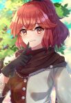  1girl anna_(fire_emblem) bangs black_gloves blue_sky blush brown_scarf buttons clouds commentary day edamameoka fire_emblem fire_emblem_engage gloves grin hair_between_eyes highres index_finger_raised long_hair looking_at_viewer outdoors ponytail red_eyes redhead scarf sky smile solo tree upper_body 