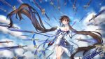  1girl absurdres bangs bare_shoulders blue_sky blurry blurry_foreground breasts brown_eyes brown_hair china_dress chinese_clothes closed_mouth clouds cloudy_sky dress elbow_gloves fingerless_gloves gloves hair_ornament highres honkai_(series) honkai_impact_3rd large_breasts li_sushang li_sushang_(jade_knight) long_hair looking_at_viewer outdoors second-party_source sky sleeveless sleeveless_dress smile solo sword twintails weapon white_dress white_gloves ye_hua_bai_liu 