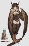  1girl bird_legs black_nails breasts brown_choker brown_eyes brown_gloves brown_hair brown_shirt choker feathered_wings feathers fellming fingerless_gloves full_body gloves grey_background highres looking_at_viewer monster_girl original owl_ears owl_girl shirt short_hair short_sleeves simple_background small_breasts solo standing wings 