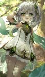  1girl absurdres armpits dress forest genshin_impact green_eyes green_hair highres looking_at_viewer multicolored_hair nahida_(genshin_impact) nature open_mouth pointy_ears side_ponytail smile solcha solo standing teeth thighs tree two-tone_hair upper_teeth white_dress white_hair 