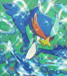  blurry closed_mouth commentary_request green_background green_eyes looking_at_viewer nishieda_kanoe pokemon pokemon_(creature) quaquaval smile solo sparkle water water_drop 