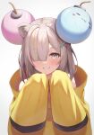  1girl animal_ear_fluff animal_ears bangs blush character_hair_ornament cosplay grey_eyes grey_hair grin hair_ornament hair_over_one_eye hands_up highres hololive iono_(pokemon) iono_(pokemon)_(cosplay) jacket lion_ears long_sleeves looking_at_viewer pokemon pokemon_(game) pokemon_sv shishiro_botan simple_background sleeves_past_fingers sleeves_past_wrists smile solo ssrb suicabar72 upper_body virtual_youtuber white_background x_hair_ornament yellow_jacket 