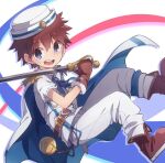  bandaid bandaid_on_face belt blue_cape blue_eyes brown_belt brown_footwear brown_gloves brown_hair cape collared_shirt gloves hat holding holding_sword holding_weapon male_child male_focus merc_storia neil_(merc_storia) open_mouth orb pants sailor sailor_hat shirt short_sleeves sword weapon white_pants white_shirt wool_bl 