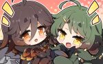 2girls :d ahoge bangs bazelgeuse black_cloak blush brown_eyes brown_hair chibi cloak commentary_request deviljho fang green_hair green_jacket hair_between_eyes hair_ornament hairclip halftone halftone_background highres hood hood_down hooded_jacket jacket looking_at_viewer milkpanda monster_hunter_(series) multiple_girls notice_lines personification short_eyebrows smile spikes tail thick_eyebrows yellow_eyes