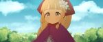  1girl arc_s0222 arc_the_lad arc_the_lad_ii blonde_hair braid brown_eyes closed_mouth clouds flower hair_flower hair_ornament head_scarf lieza_(arc_the_lad) long_hair solo tree 