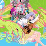  1girl abstract brown_eyes commentary_request door dress floating flower highres instrument itomugi-kun light_purple_hair long_hair long_sleeves lute_(instrument) open_door purple_hair smile solo touhou tsukumo_benben twintails wheel white_flower 