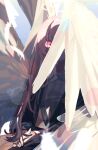  1girl angel angel_wings arknights black_jacket commentary covered_face english_commentary falling_feathers halo highres jacket lemuen_(arknights) looking_at_viewer own_hands_together pink_eyes pink_hair shirt sitting solo white_shirt wings xity 