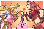  1other 2girls bangs black_gloves blonde_hair breasts chest_jewel dress earrings fingerless_gloves fire gloves headpiece jewelry kirby kirby_(series) large_breasts long_hair multiple_girls princess_zelda pyra_(xenoblade) red_eyes red_shorts redhead short_hair short_shorts shorts super_smash_bros. swept_bangs the_legend_of_zelda the_legend_of_zelda:_a_link_between_worlds thigh-highs tiara xenoblade_chronicles_(series) xenoblade_chronicles_2 you_bird 