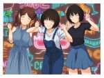  3girls absurdres amagami arm_behind_back bangs black_shirt blue_dress blue_overalls blue_shorts blunt_bangs blush breasts brown_background brown_hair closed_eyes closed_mouth clothing_cutout collarbone commentary cowboy_shot dress embarrassed friends grin hand_up hands_up happy head_tilt highres holding large_breasts leaning_forward medium_breasts medium_hair messy_hair multiple_girls nakata_sae nanasaki_ai neon_lights overalls parted_bangs parted_lips poop poop_on_a_stick raised_eyebrows ranmaru_(jackpot_1123) shirt short_hair shorts shoulder_cutout side-by-side sign skort smile sweatdrop t-shirt tachibana_miya twintails v white_shirt 