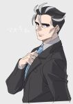  1boy black_hair black_jacket blue_necktie closed_mouth collared_shirt formal grey_background grey_hair highres jacket larry_(pokemon) long_sleeves multicolored_hair nagiko_(mangalove1111) necktie pokemon pokemon_(game) pokemon_sv shirt short_hair simple_background streaked_hair suit thick_eyebrows 