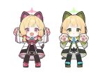  2girls :&lt; :3 animal_hands arms_up bangs black_footwear black_shorts black_skirt black_thighhighs blonde_hair blue_archive blue_necktie bow bowtie cat_ear_headphones cat_tail chibi coat commentary dot_nose frilled_coat full_body gloves green_eyes hair_bow halo hands_up headphones highres light_blush long_sleeves looking_at_viewer marimo_jh midori_(blue_archive) momoi_(blue_archive) multiple_girls necktie open_mouth oversized_clothes paw_gloves pink_eyes pink_footwear pleated_skirt red_bow red_bowtie serious shirt short_hair shorts siblings sisters skirt smile tail thigh-highs v-shaped_eyebrows white_background white_coat white_shirt 