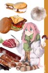  1girl absurdres ahoge bangs baozi bento blue_eyes burger cheese commentary_request copyright_name eating food fork hair_between_eyes highres holding holding_food holding_fork holding_knife jacket kagamihara_nadeshiko knife leadin_the_sky leggings lettuce light_blush long_hair on_ground pink_hair pout rice s&#039;more scarf seiza sitting sliced_cheese solo steak steam striped_leggings tomato tomato_slice white_background yurucamp 