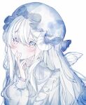  1girl absurdres blue_eyes blue_headwear blush curled_horns dot_nose driedflower frills gradient_eyes hat highres horns long_hair long_sleeves looking_at_viewer mob_cap multicolored_eyes original pale_skin puffy_sleeves sidelocks solo white_background white_eyes white_hair 