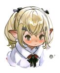  1girl ? ardbert_(ff14) bangs blonde_hair blush bow brown_eyes capelet chibi chibi_inset circle cropped_torso crossed_bangs final_fantasy final_fantasy_xiv frown fur-trimmed_capelet fur_trim hair_bow highres lalafell lamitt looking_at_viewer neck_ribbon pointy_ears portrait ribbon short_hair simple_background solo twintails white_background white_capelet wuliu_heihuo 