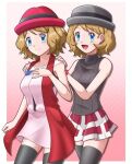  2girls :d bangs blue_eyes blue_ribbon brown_hair closed_mouth commentary_request earrings eyelashes grey_headwear hand_up hands_on_another&#039;s_shoulders hat highres jewelry multiple_girls neck_ribbon open_mouth pokemon pokemon_(anime) pokemon_journeys pokemon_xy_(anime) ribbon serena_(pokemon) short_hair skirt sleeveless smile sweater_vest thigh-highs zeki231 
