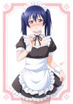  1girl absurdres alternate_costume apron bangs blue_hair blush detached_collar dress embarrassed enmaided frilled_apron frilled_dress frills haruharo_(haruharo_7315) highres long_hair long_sleeves looking_at_viewer love_live! love_live!_school_idol_project maid maid_apron maid_headdress short_sleeves simple_background skirt solo sonoda_umi swept_bangs twintails two_side_up white_apron wrist_cuffs yellow_eyes 