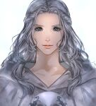  1girl blue_eyes braid close-up collarbone commentary final_fantasy final_fantasy_xiv grey_hair half_updo highres hood hood_down long_hair looking_at_viewer mask mask_around_neck mask_removed portrait ruo_candyyyy simple_background single_braid smile solo straight-on venat_(ff14) wavy_hair white_background 