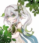  1girl bangs blurry blurry_background blurry_foreground branch cape clover commentary_request depth_of_field detached_sleeves elf flower four-leaf_clover genshin_impact gradient_hair green_eyes green_wings grey_hair hair_between_eyes hair_ornament highres leaf leaf_hair_ornament leaf_on_head long_hair long_pointy_ears looking_at_viewer motion_blur multicolored_hair nahida_(genshin_impact) palm_leaf palm_tree plant pointy_ears sharp_teeth short_sleeves sidelocks simple_background solo sushi_171 symbol-shaped_pupils tanabata tanzaku teeth tree wings 