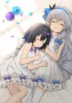  2girls absurdres ahoge bangs bed_sheet black_hair blue_flower blue_rose bow bronya_zaychik commentary_request cookieee dress drill_hair earrings flower frilled_dress frills from_above grey_hair hair_between_eyes hair_bow hair_ribbon hairband highres honkai_(series) honkai_impact_3rd jewelry long_hair lying multicolored_hair multiple_girls on_back on_side parted_lips petals purple_flower purple_rose ribbon rose seele_vollerei short_hair sidelocks sleeping sleeping_on_person sleeveless two-tone_hair white_dress 