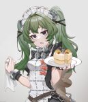  1girl absurdres apron bangs black_dress bracelet breasts cake dress food green_hair highres holding holding_plate jewelry long_hair looking_at_viewer maid maid_apron maid_headdress open_mouth plate pota_douzhi small_breasts solo standing twintails zenless_zone_zero 