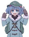  1girl absurdres backpack bag blue_eyes blue_hair blue_shirt blush_stickers brown_gloves gloves green_headwear hair_bobbles hair_ornament hat highres holding holding_wrench kame_(kamepan44231) kawashiro_nitori key long_sleeves one-hour_drawing_challenge open_mouth round_teeth shirt short_hair simple_background smile solo teeth touhou two_side_up upper_body upper_teeth white_background wrench 