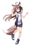  1girl ahoge animal_ear_fluff animal_ears armpits bangs bare_shoulders bike_shorts blue_hoodie blue_shirt blush brown_eyes brown_hair cat_hair_ornament claw_pose closed_mouth commentary_request fang fang_out fox_ears fox_girl fox_tail full_body hair_between_eyes hair_ornament hands_up hood hood_down hoodie long_hair original shirt shoes short_shorts shorts sidelocks simple_background skin_fang sleeveless sleeveless_hoodie smile solo standing tail two-tone_hoodie user_zxgd8787 very_long_hair white_background white_hoodie 