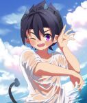  1boy bangs blue_sky clouds cloudy_sky collarbone demon_boy demon_tail great_kichi hair_between_eyes horns male_child one_eye_closed open_mouth pointy_ears pop-up_story shirt short_sleeves sky smile solo tail teeth upper_teeth violet_eyes wading wet wet_clothes wet_shirt white_shirt ziz_glover 