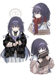  1girl absurdres bangs black_hair blue_archive book buttons cable_knit cardigan closed_mouth commentary grey_eyes hair_between_eyes hairband highres holding holding_book jewelry kilabo long_hair long_sleeves multiple_views neckerchief necklace pleated_skirt safe scarf school_uniform serafuku shirt simple_background skirt sleeves_past_wrists symbol-only_commentary ui_(blue_archive) white_background white_serafuku white_shirt 