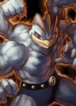  aura belt black_background clenched_hand extra_arms fighting_stance machamp muscular no_humans pokemon pokemon_(creature) red_eyes smile solo yilx 