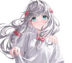  1girl absurdres bangs bow breasts closed_mouth clothes_lift commentary eromanga_sensei green_eyes grey_hair hair_bow highres izumi_sagiri lifted_by_self lips long_hair looking_at_viewer low-tied_long_hair myless off_shoulder oversized_clothes oversized_shirt pink_bow shirt shirt_lift simple_background small_breasts solo straight-on upper_body white_background white_shirt 