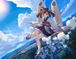 1girl :o bangs blush brown_hair chikuwa clouds commentary_request day food full_body geta highres japanese_clothes kimono kiritanpo_(food) long_sleeves looking_at_viewer mountain outdoors oversized_food parted_lips red_eyes scenery shirinda_fureiru short_twintails sky solo tabi touhoku_kiritan twintails voiceroid water wide_sleeves 