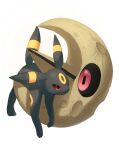 black_sclera cat colored_sclera commentary crater highres horezai lunatone lying no_humans on_stomach pokemon pokemon_(creature) red_eyes simple_background toes umbreon white_background 