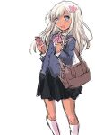  1girl alternate_costume bag black_skirt blazer blonde_hair blue_eyes blue_jacket bow bowtie cellphone collared_shirt commentary_request feet_out_of_frame flower fuji_(pixiv24804665) hair_flower hair_ornament highres jacket kantai_collection kneehighs long_hair looking_at_viewer phone pink_bow pink_bowtie pleated_skirt ro-500_(kancolle) school_bag school_uniform shirt simple_background skirt smile socks solo tan white_background white_socks 