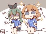  2022_fifa_world_cup 2girls :d ahoge artist_name assault_lily bags_under_eyes bed black_bow black_shorts blue_eyes blue_shirt blush bow braid braided_ponytail brown_background brown_shorts chibi clenched_hands commentary facial_mark feet_out_of_frame futagawa_fumi gochisousama_(tanin050) green_hair hair_bow hand_on_lap hand_up hands_up japanese_flag jitome long_hair looking_at_viewer low_ponytail low_twintails motion_lines multiple_girls on_bed orange_hair parted_lips raised_eyebrows rubbing_eyes shaded_face shirt short_sleeves shorts sitting sleepy smile soccer_uniform solid_circle_eyes sparkle sportswear translated twintails two-tone_background violet_eyes white_background world_cup yamanashi_hibari 