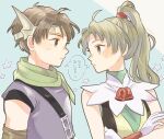  1boy 1girl bell breasts brown_eyes brown_hair closed_mouth futch_(suikoden) gensou_suikoden gensou_suikoden_i gloves headband konomi_(leaf_sugar) long_hair meg_(suikoden) ponytail 