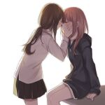  2girls blush brown_hair closed_eyes hand_on_another&#039;s_cheek hand_on_another&#039;s_face hood hoodie imminent_kiss inuko_(ink0425) long_hair low_ponytail miniskirt multiple_girls original profile redhead shirt sitting skirt standing yuri 