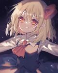  1girl ascot black_background black_vest blonde_hair hair_ribbon long_sleeves looking_at_viewer outstretched_arms parted_lips red_ascot red_eyes red_ribbon ribbon rumia shirt short_hair smile solo touhou touya_(konpekitou) upper_body vest white_shirt 