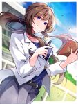  1girl belt blue_ribbon blue_shirt brown_hair check_commentary commentary_request formal grey_pants hair_ribbon highres holding holding_notebook holding_pen horse_racing_track jacket long_hair looking_at_viewer misoni_(mi_so_ni_t) notebook otonashi_etsuko pants pen ponytail ribbon shirt signature smile solo suit umamusume violet_eyes white_jacket 